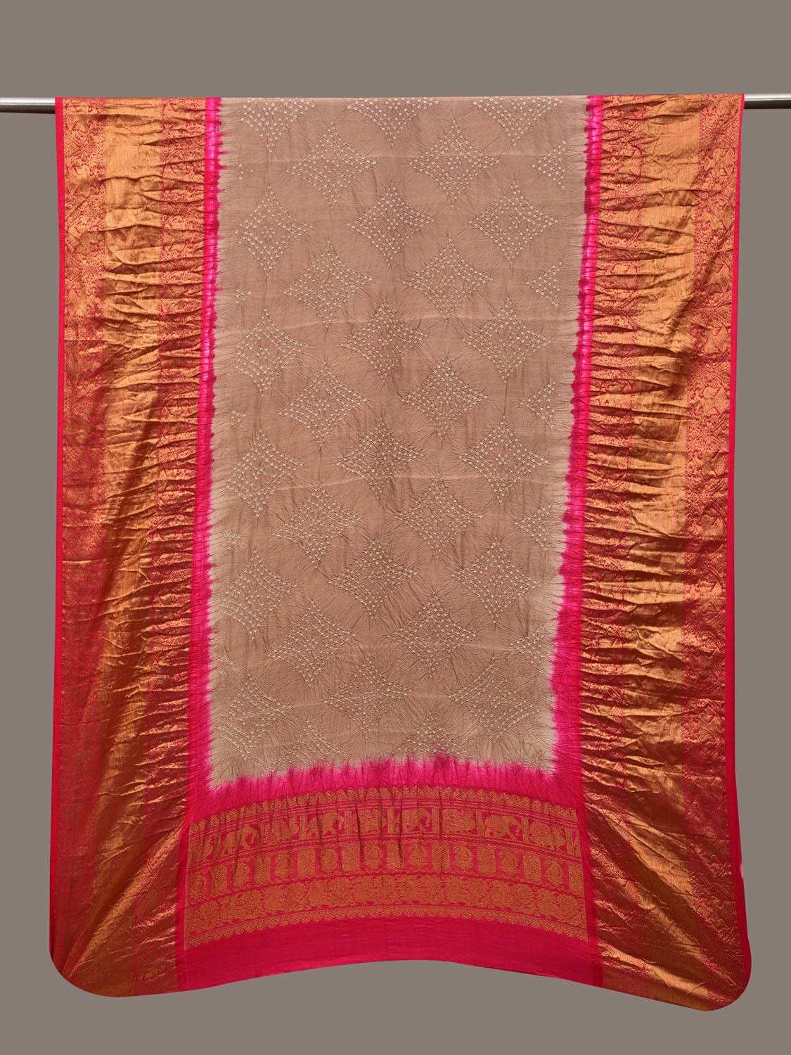 Cream and Pink Bandhani Kanchipuram Silk Handloom Dupatta with Border Design ds3015