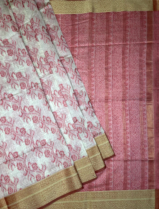 Cream and Pink Dhakai Jamdani Cotton Viscose Saree with Geometrical Cut Work and Zari Border Design dj0032