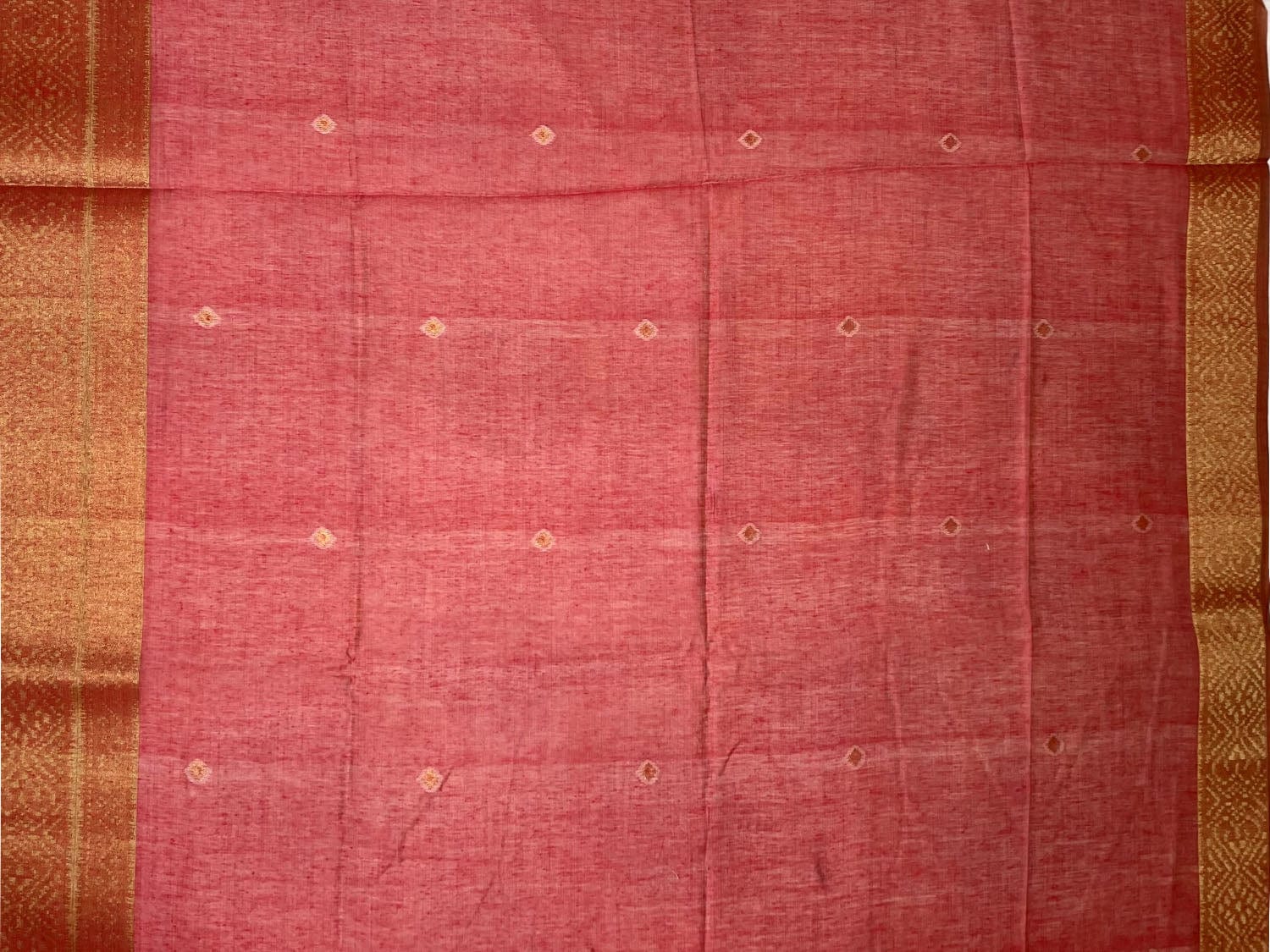 Cream and Pink Dhakai Jamdani Cotton Viscose Saree with Geometrical Cut Work and Zari Border Design dj0032