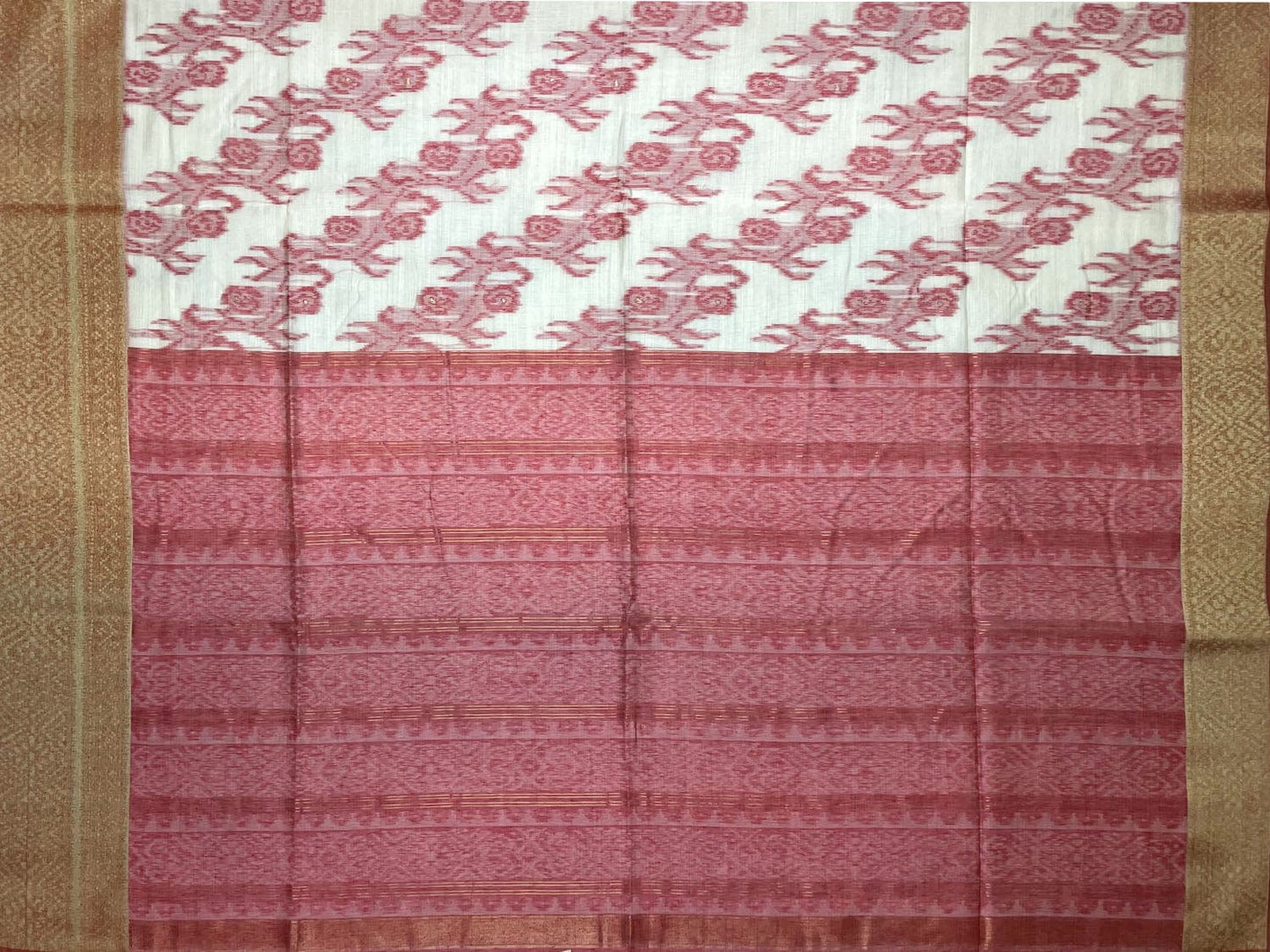 Cream and Pink Dhakai Jamdani Cotton Viscose Saree with Geometrical Cut Work and Zari Border Design dj0032