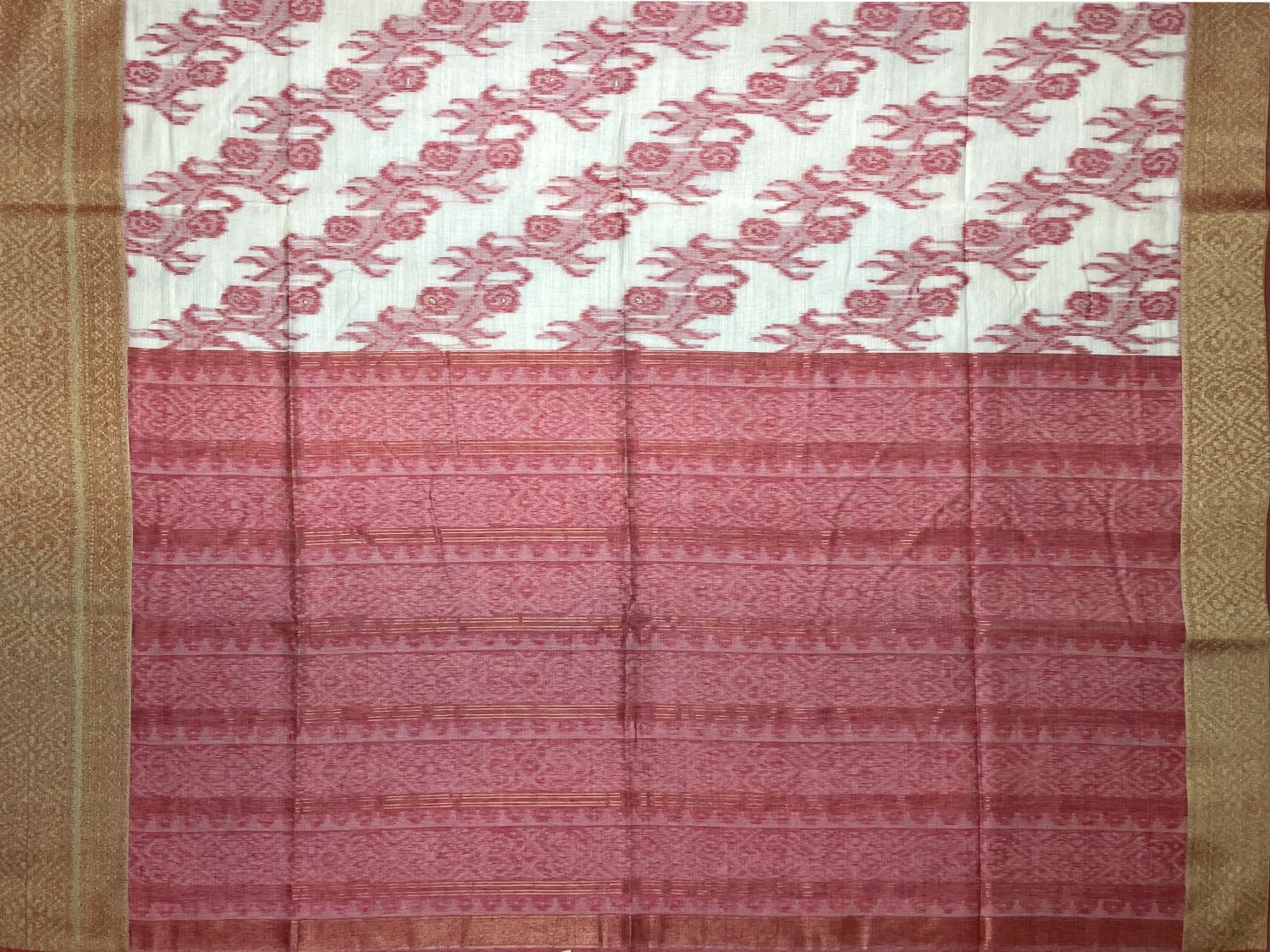 Cream and Pink Dhakai Jamdani Cotton Viscose Saree with Geometrical Cut Work and Zari Border Design dj0032