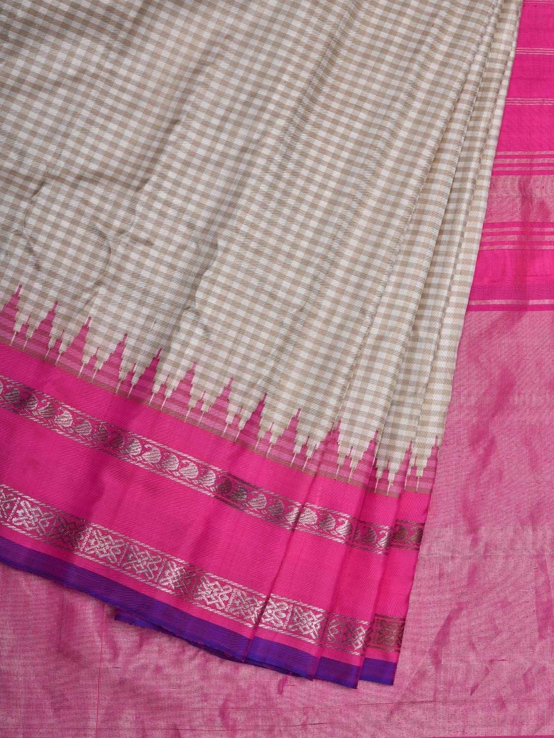 Cream and Pink Gadwal Silk Handloom Saree with Checks Design g0283