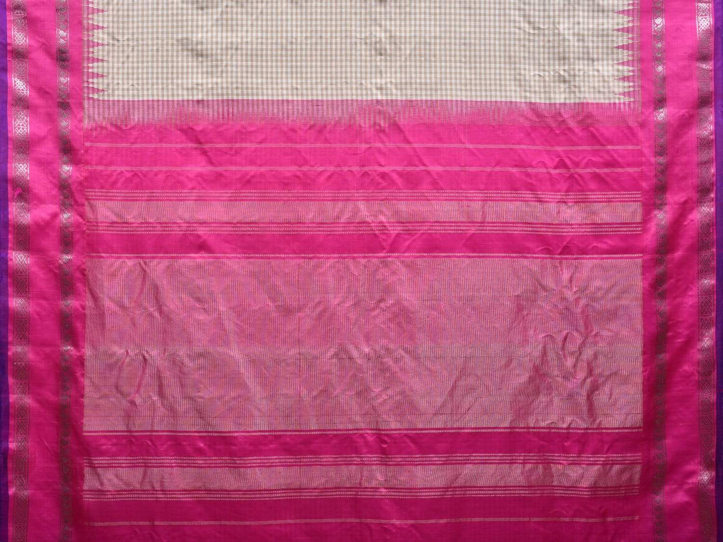 Cream and Pink Gadwal Silk Handloom Saree with Checks Design g0283