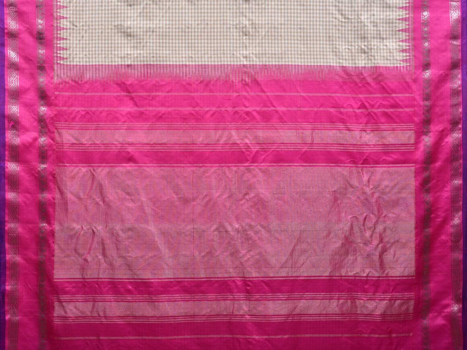 Cream and Pink Gadwal Silk Handloom Saree with Checks Design g0283