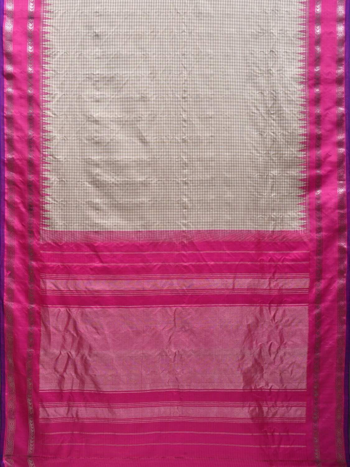 Cream and Pink Gadwal Silk Handloom Saree with Checks Design g0283