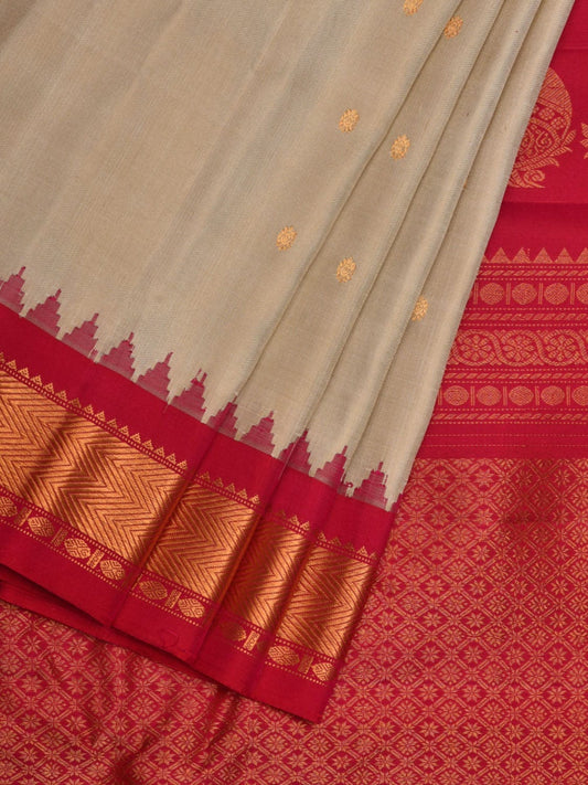 Cream and Pink Gadwal Silk Handloom Saree with Mango Pallu and Temple Border Design g0311