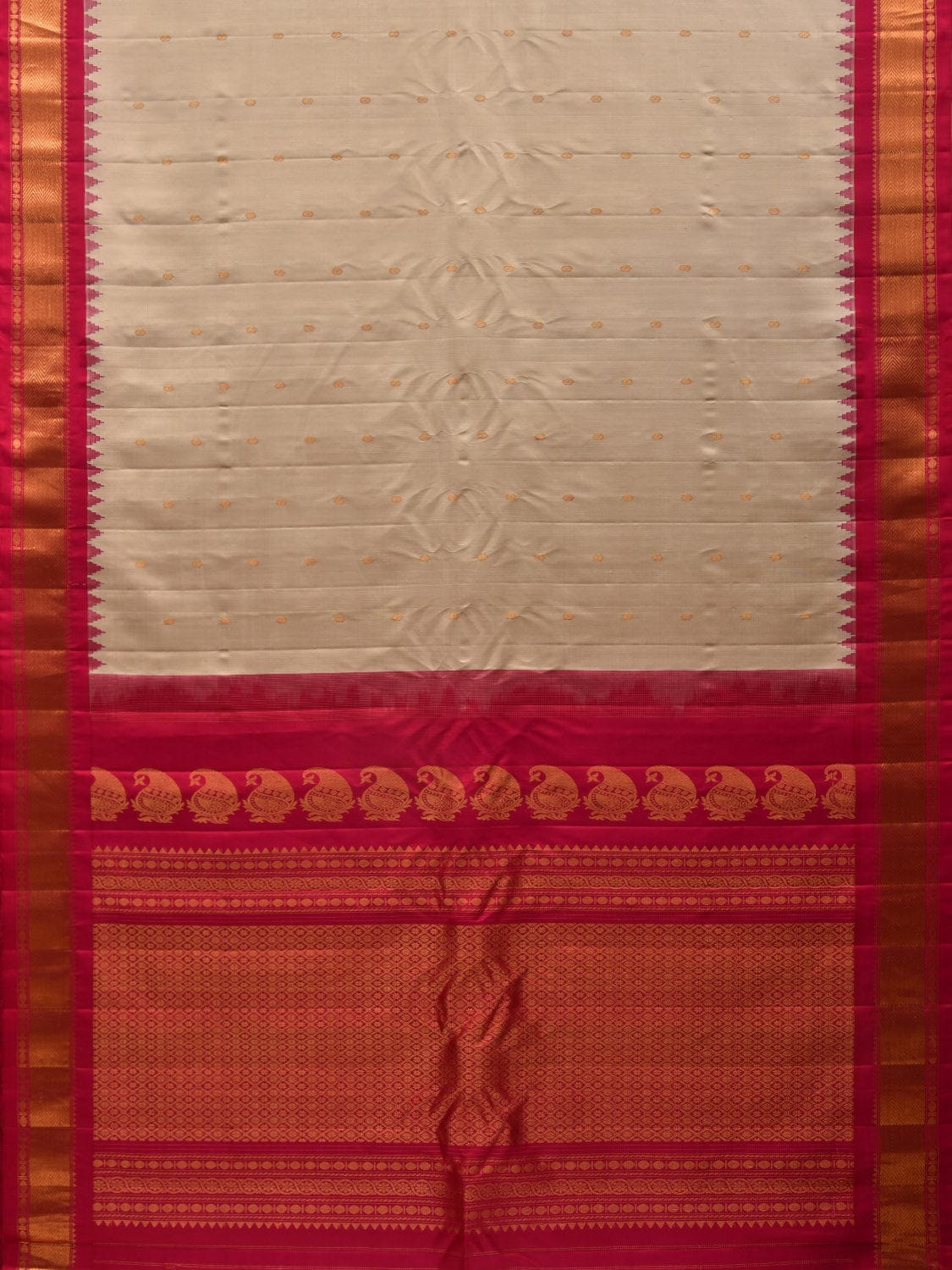 Cream and Pink Gadwal Silk Handloom Saree with Mango Pallu and Temple Border Design g0311