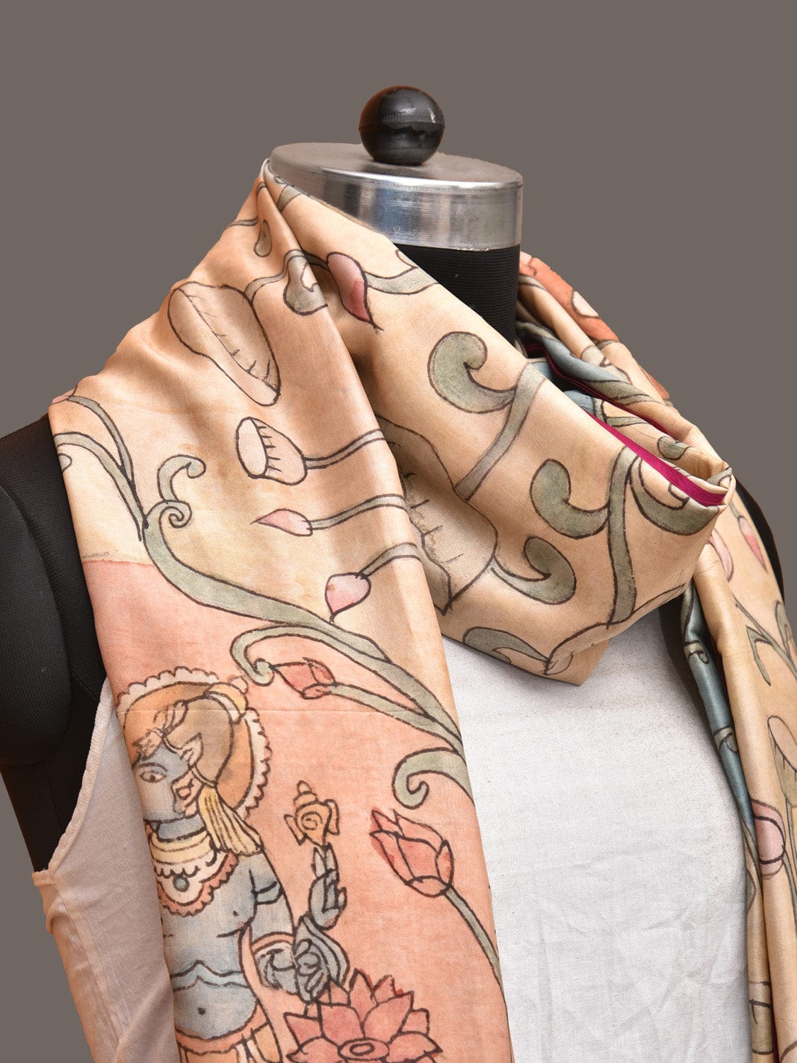 Cream and Pink Kalamkari Hand Painted Kanchipuram Silk Handloom Dupatta with Dashavatar Design ds3244