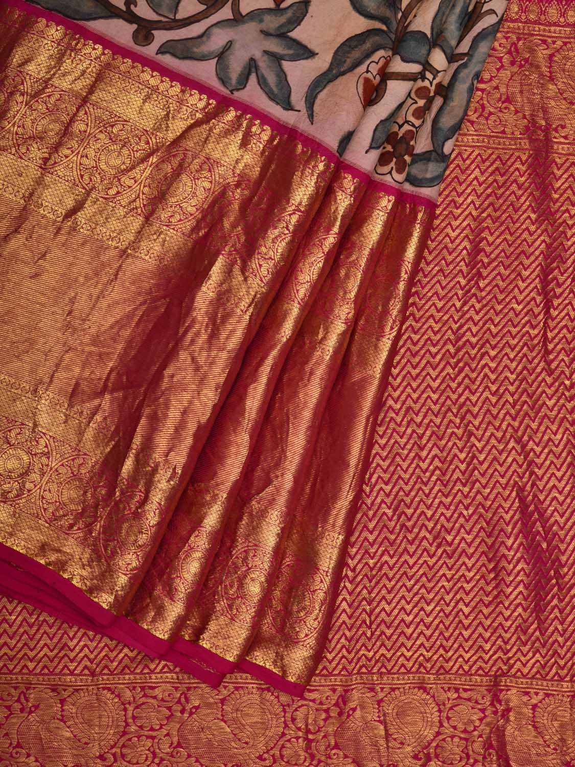 Cream and Pink Kalamkari Hand Painted Kanchipuram Silk Handloom Saree with Floral Design KL0603