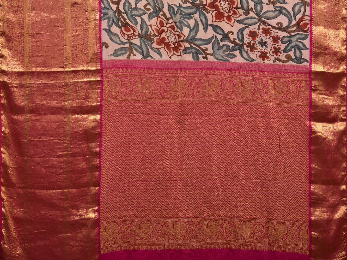 Cream and Pink Kalamkari Hand Painted Kanchipuram Silk Handloom Saree with Floral Design KL0603