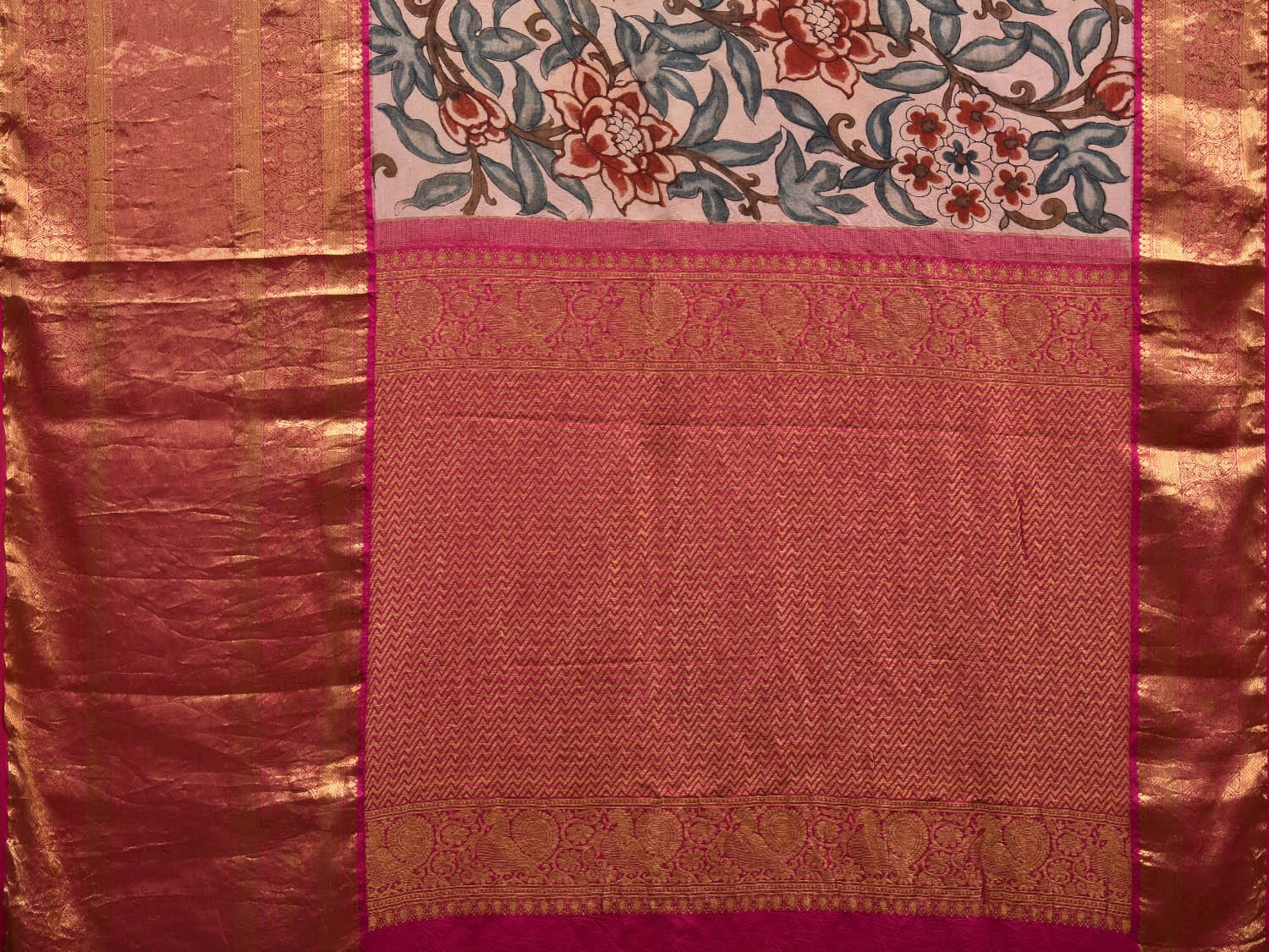 Cream and Pink Kalamkari Hand Painted Kanchipuram Silk Handloom Saree with Floral Design KL0603