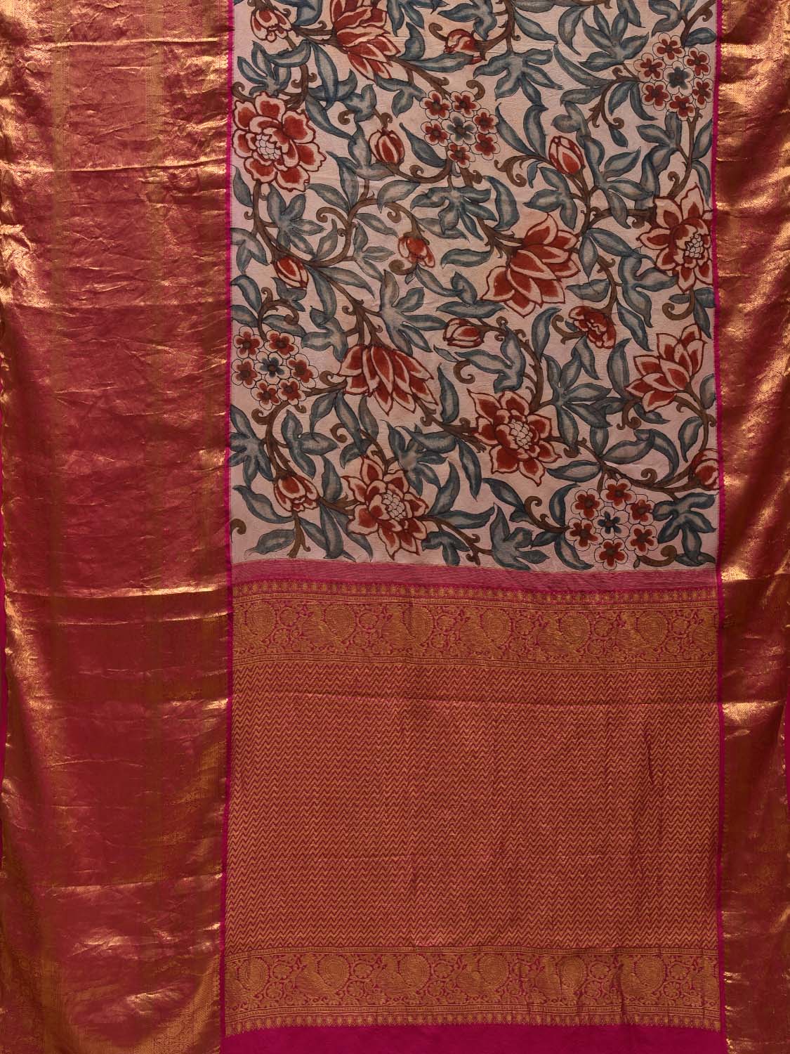 Cream and Pink Kalamkari Hand Painted Kanchipuram Silk Handloom Saree with Floral Design KL0603