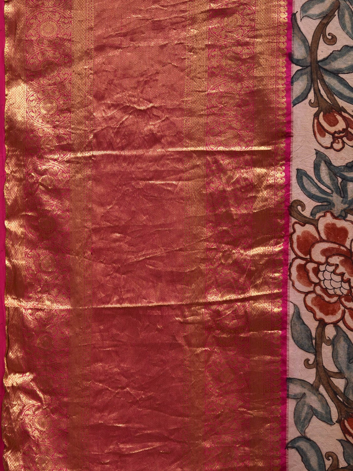 Cream and Pink Kalamkari Hand Painted Kanchipuram Silk Handloom Saree with Floral Design KL0603