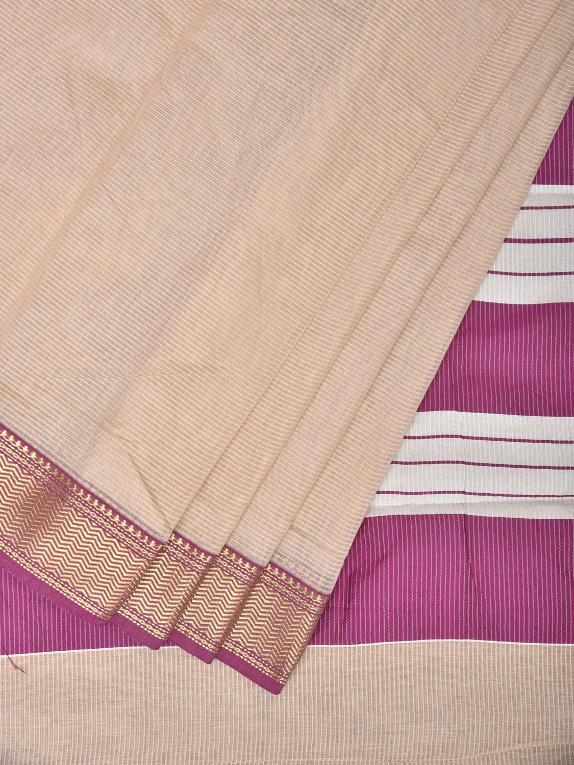 Cream and Purple Bamboo Cotton Saree with Strips Design No Blouse bc0180