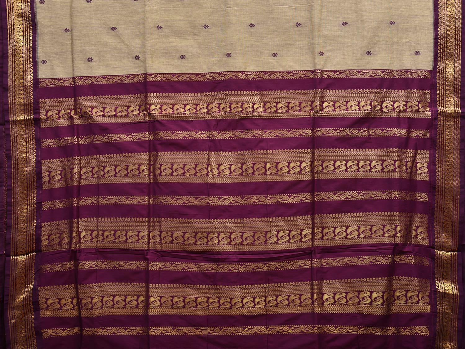 Cream and Purple Gadwal Cotton Saree with Pallu and Border Design g0429