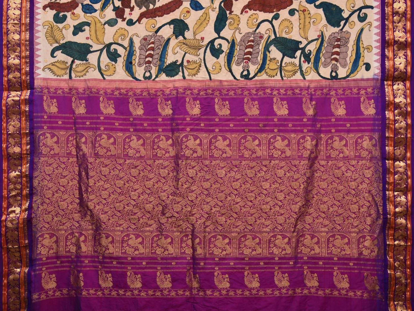 Cream and Purple Kalamkari Hand Painted Kanchipuram Silk Handloom Saree with Floral Design KL0506