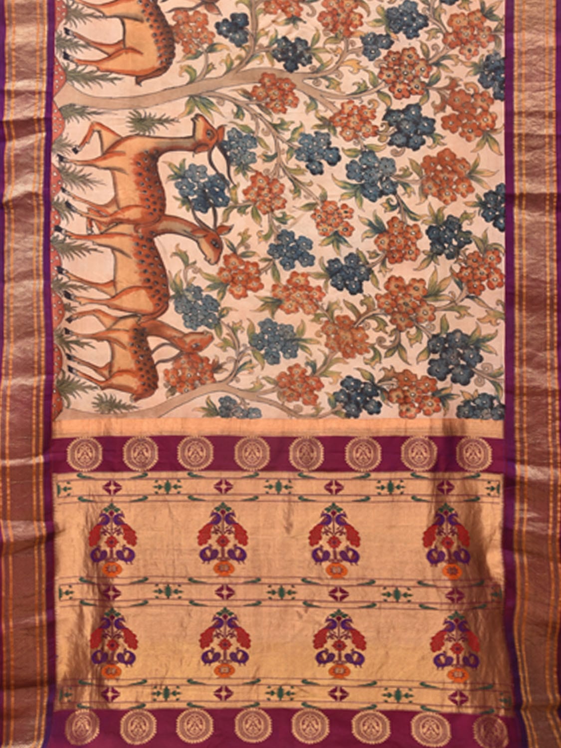 Cream and Purple Kalamkari Hand Painted Paithani Silk Handloom Saree with Deers and Floral Design KL0737