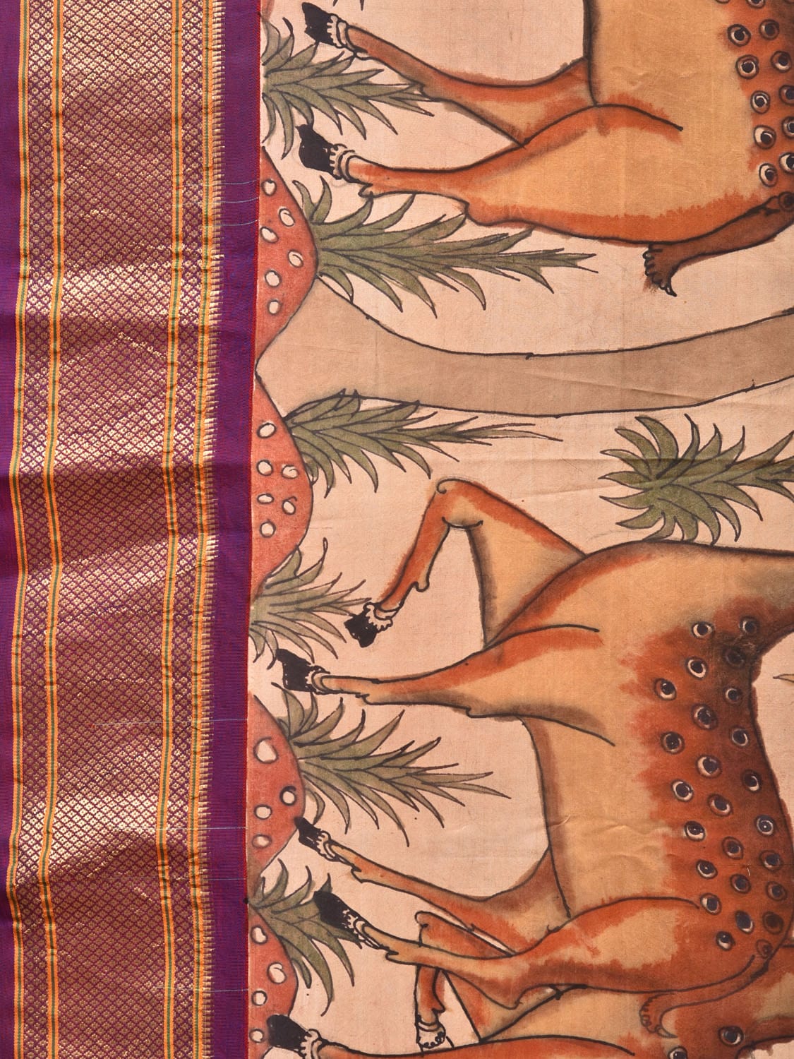 Cream and Purple Kalamkari Hand Painted Paithani Silk Handloom Saree with Deers and Floral Design KL0737