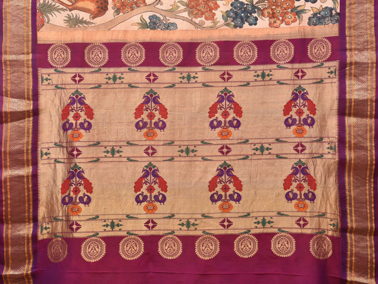Cream and Purple Kalamkari Hand Painted Paithani Silk Handloom Saree with Deers and Floral Design KL0737
