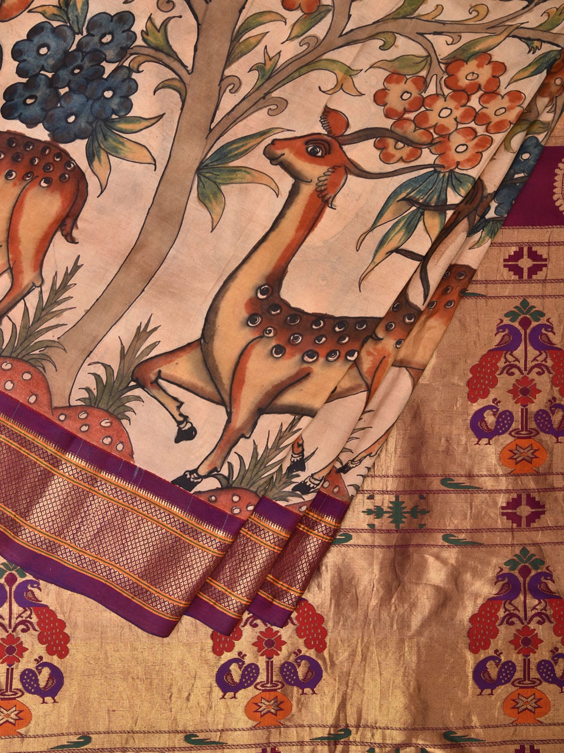 Cream and Purple Kalamkari Hand Painted Paithani Silk Handloom Saree with Deers and Floral Design KL0737
