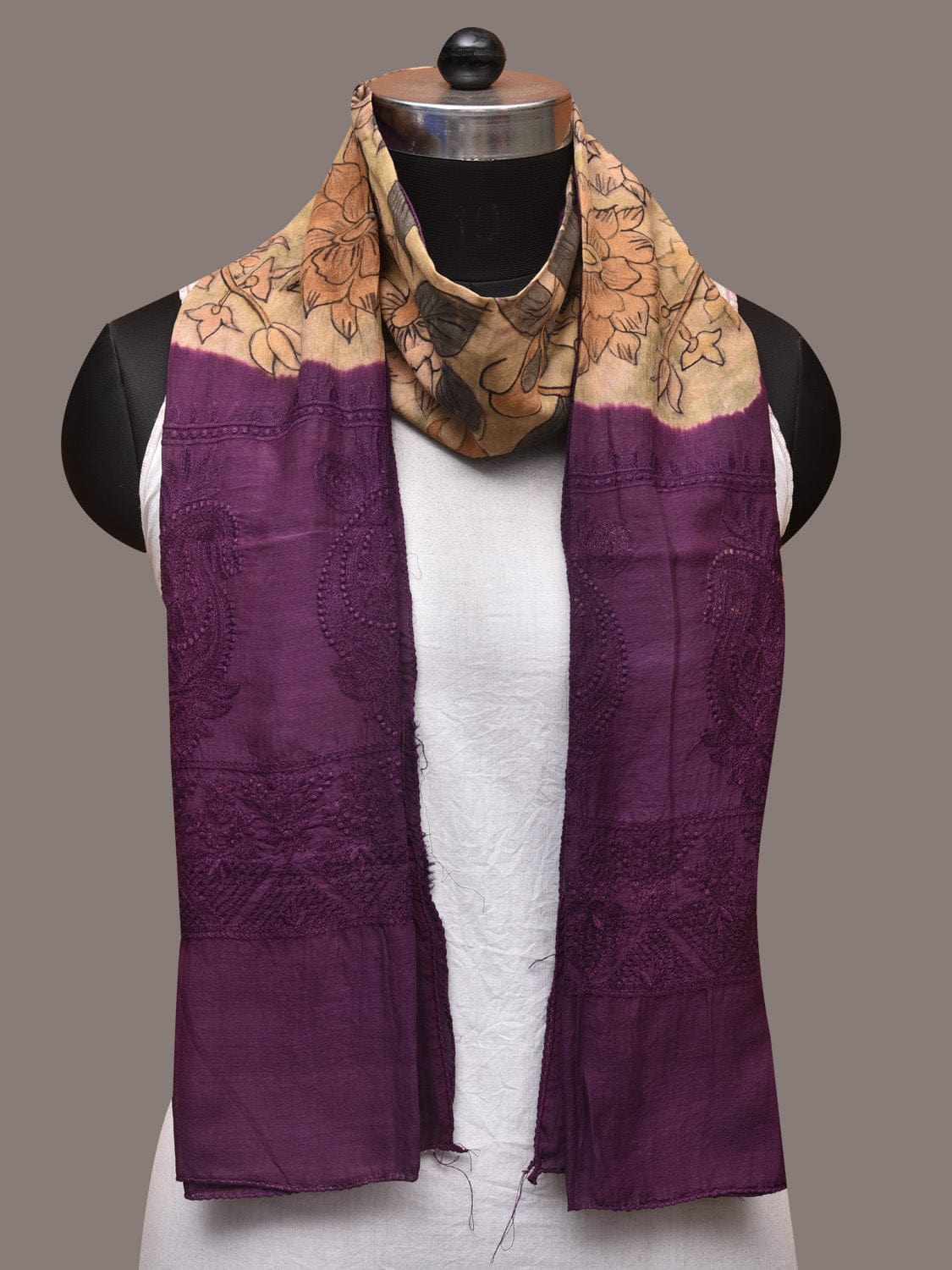 Cream and Purple Kalamkari Hand Painted Sico Stole with Floral and Embroidery Design ds3497