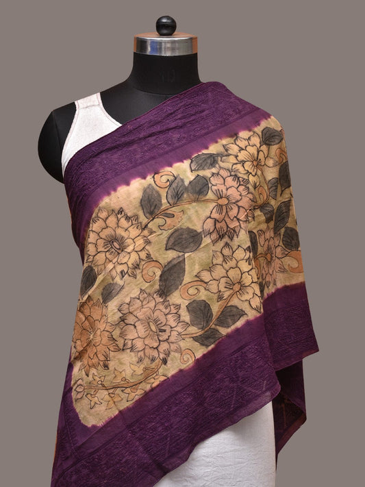 Cream and Purple Kalamkari Hand Painted Sico Stole with Floral and Embroidery Design ds3497
