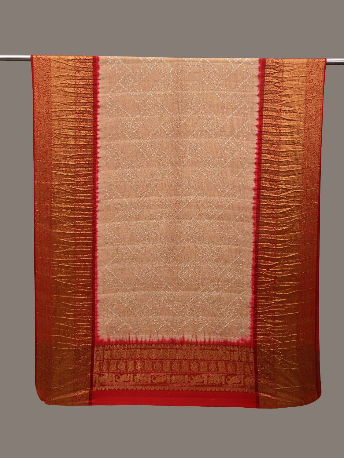 Cream and Red Bandhani Kanchipuram Silk Handloom Dupatta with Border Design ds2949