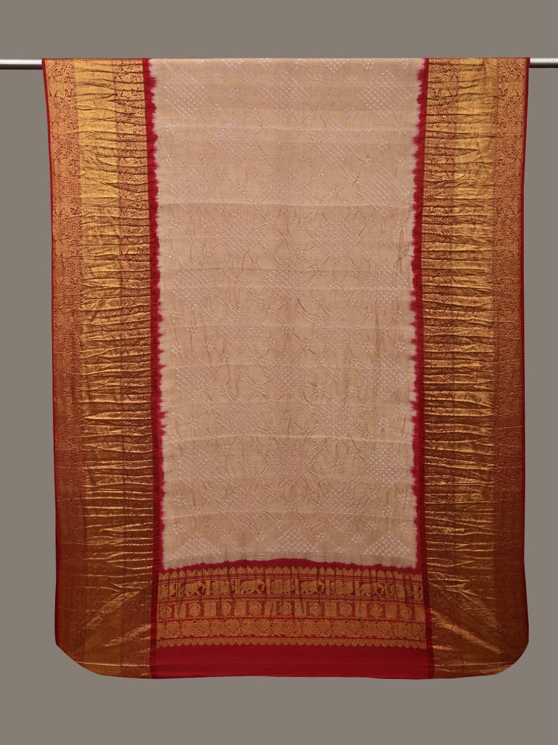 Cream and Red Bandhani Kanchipuram Silk Handloom Dupatta with Border Design ds2988