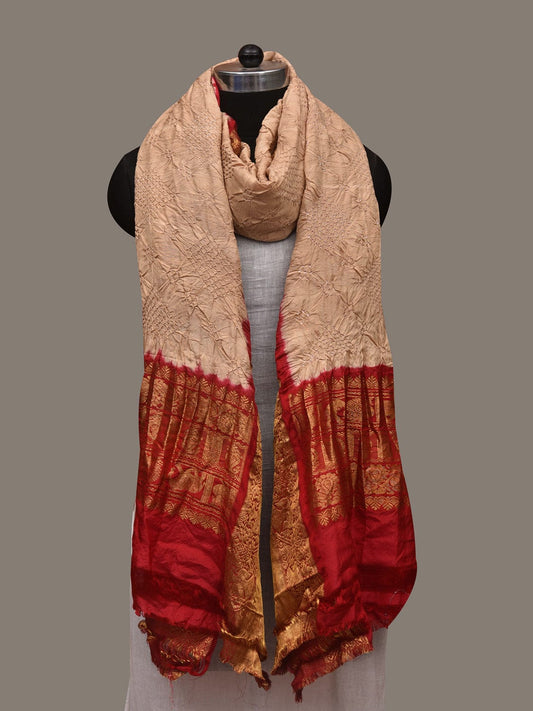 Cream and Red Bandhani Kanchipuram Silk Handloom Dupatta with Border Design ds2988