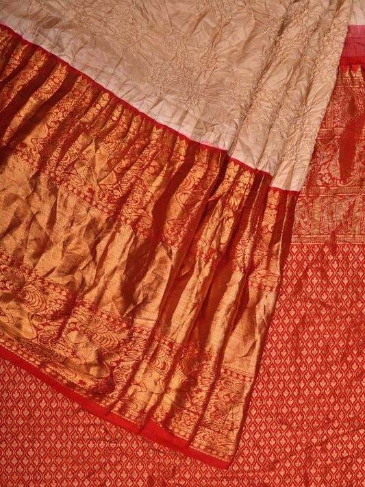 Cream and Red Bandhani Kanchipuram Silk Handloom Saree with Border and Pallu Design bn0408