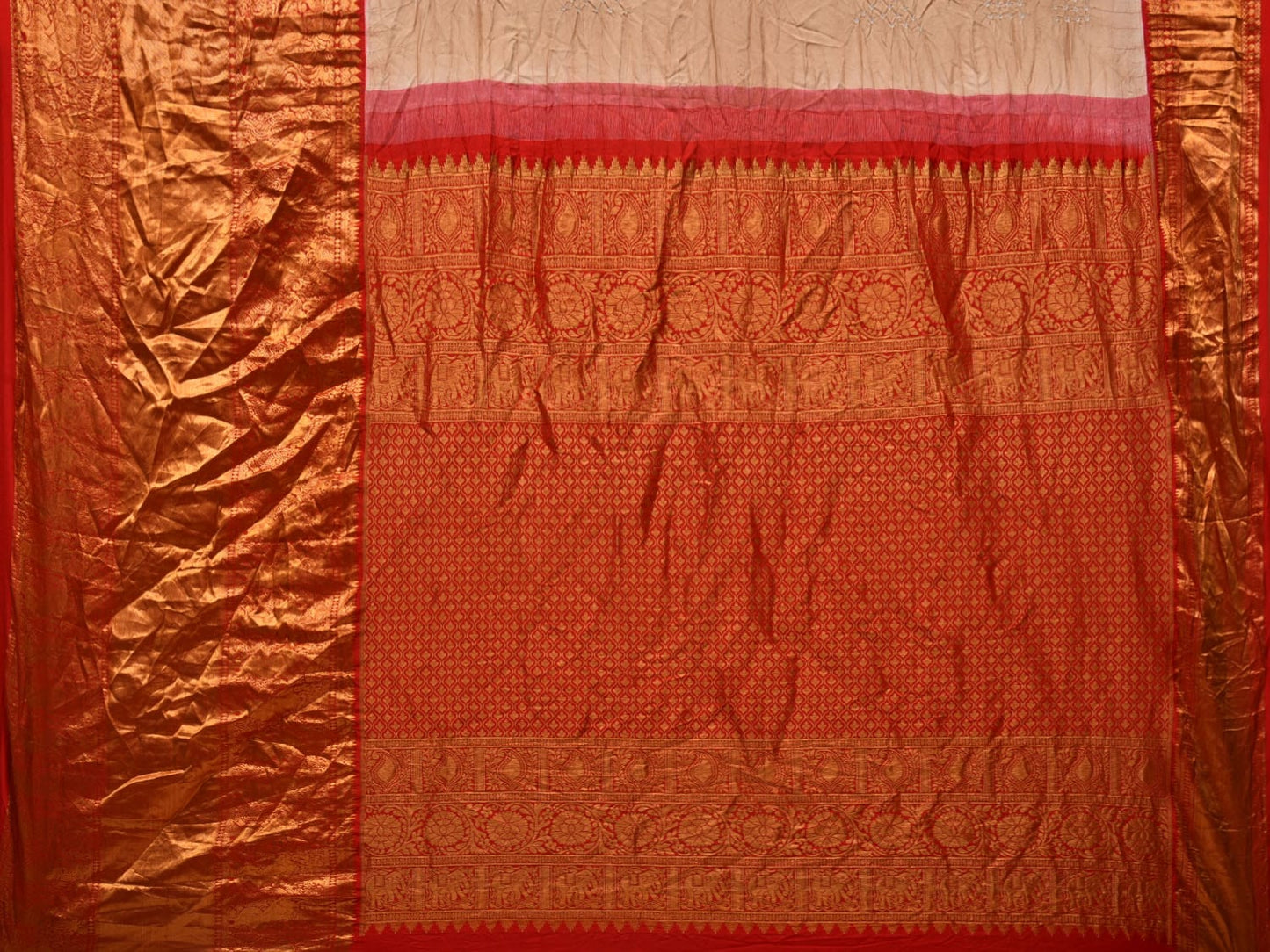 Cream and Red Bandhani Kanchipuram Silk Handloom Saree with Border and Pallu Design bn0408