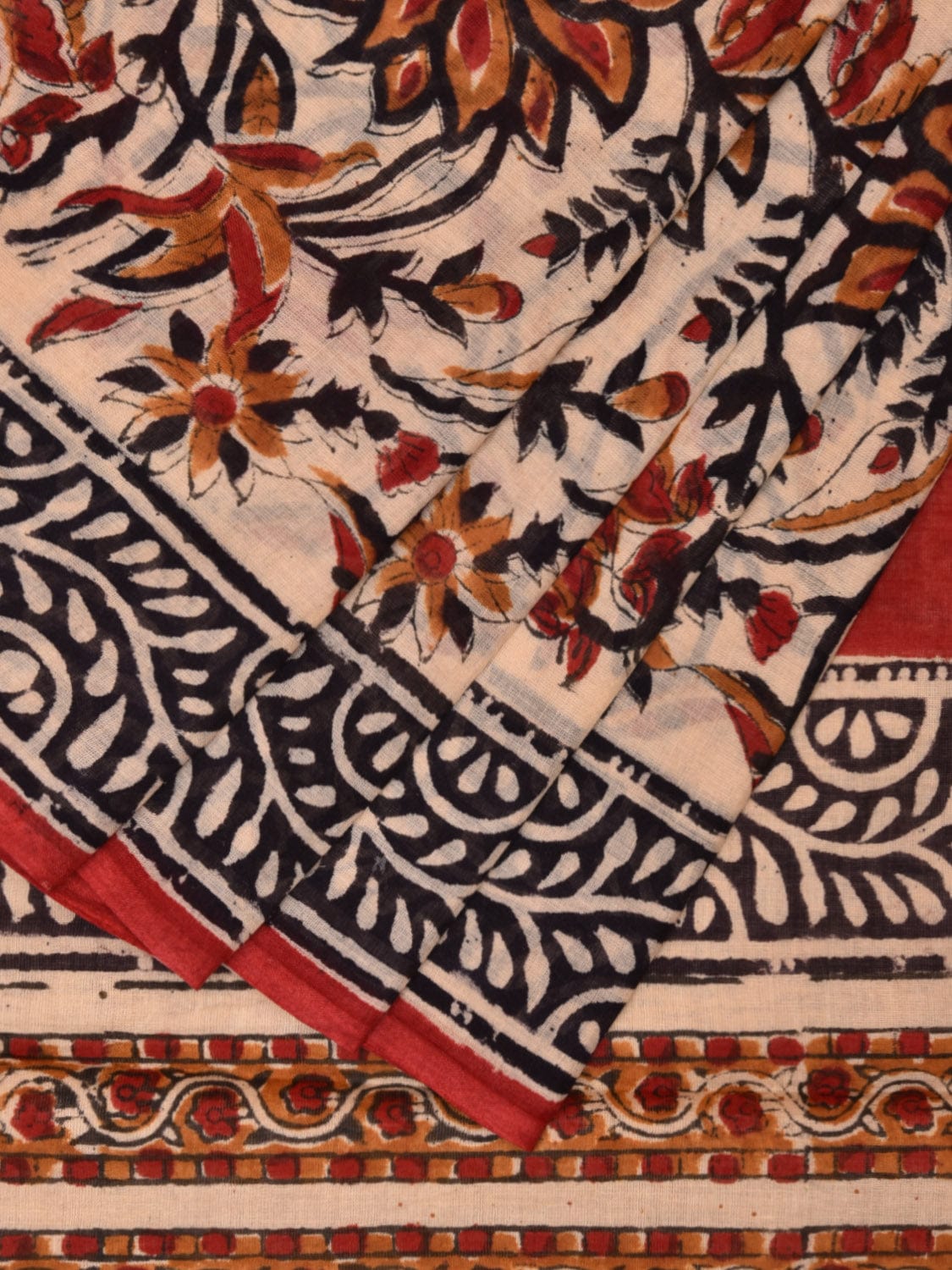 Cream and Red Block Print Cotton Saree with Floral Body and Border Design o0539