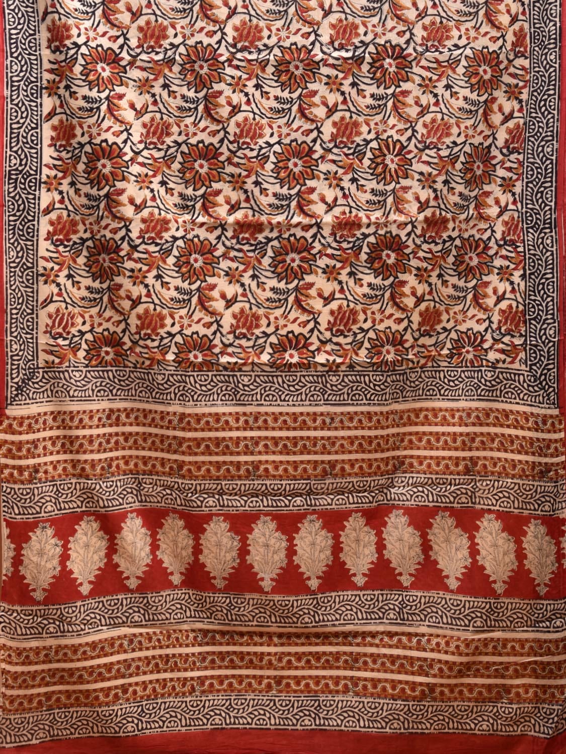 Cream and Red Block Print Cotton Saree with Floral Body and Border Design o0539