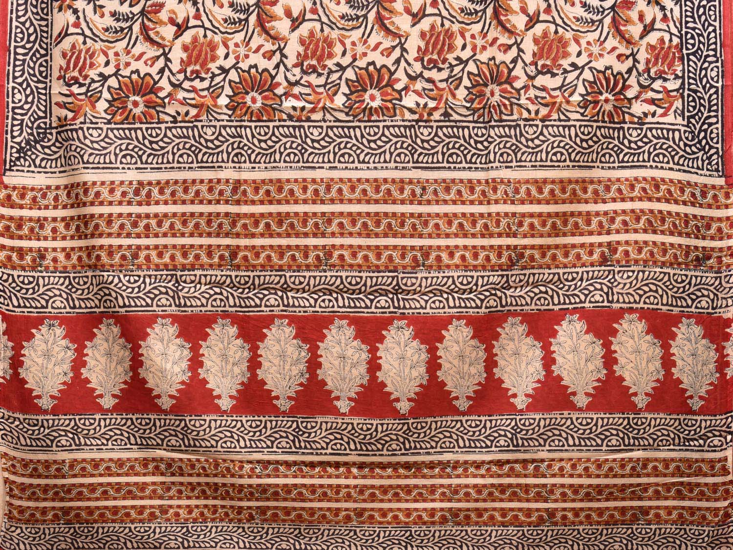 Cream and Red Block Print Cotton Saree with Floral Body and Border Design o0539