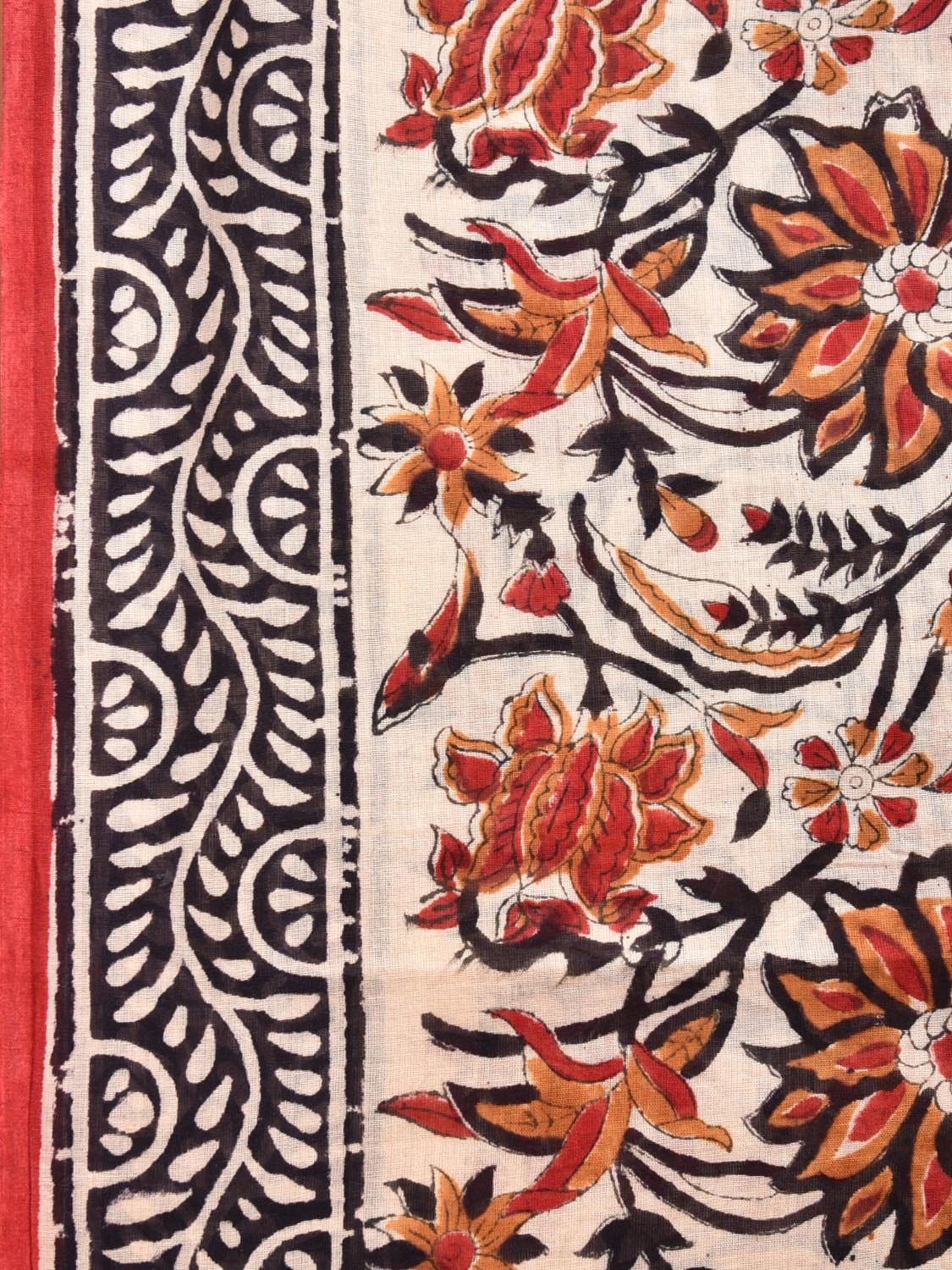 Cream and Red Block Print Cotton Saree with Floral Body and Border Design o0539