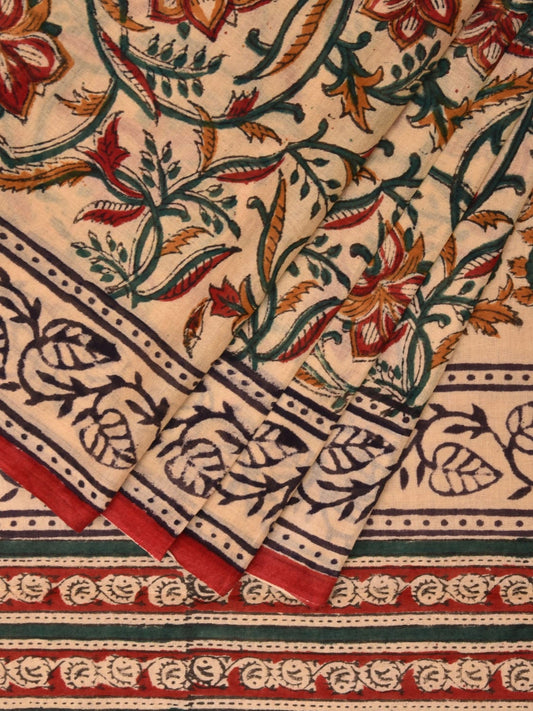 Cream and Red Block Print Cotton Saree with Floral Body and Border Design o0542