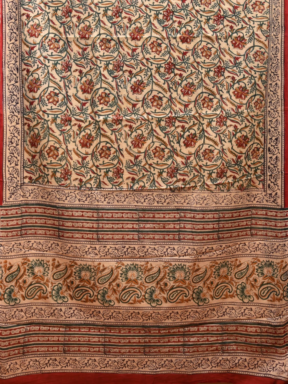 Cream and Red Block Print Cotton Saree with Floral Body and Border Design o0542