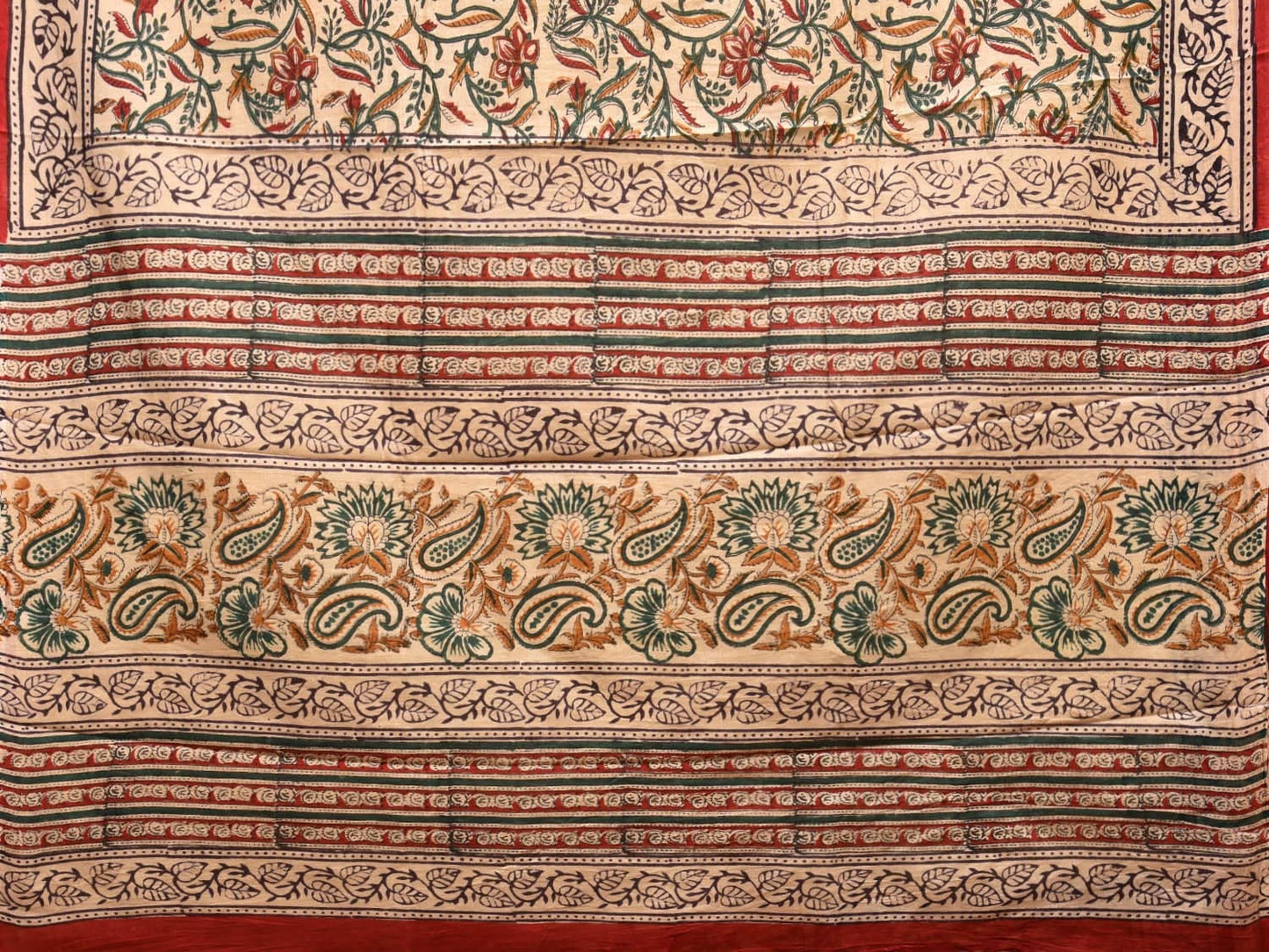 Cream and Red Block Print Cotton Saree with Floral Body and Border Design o0542