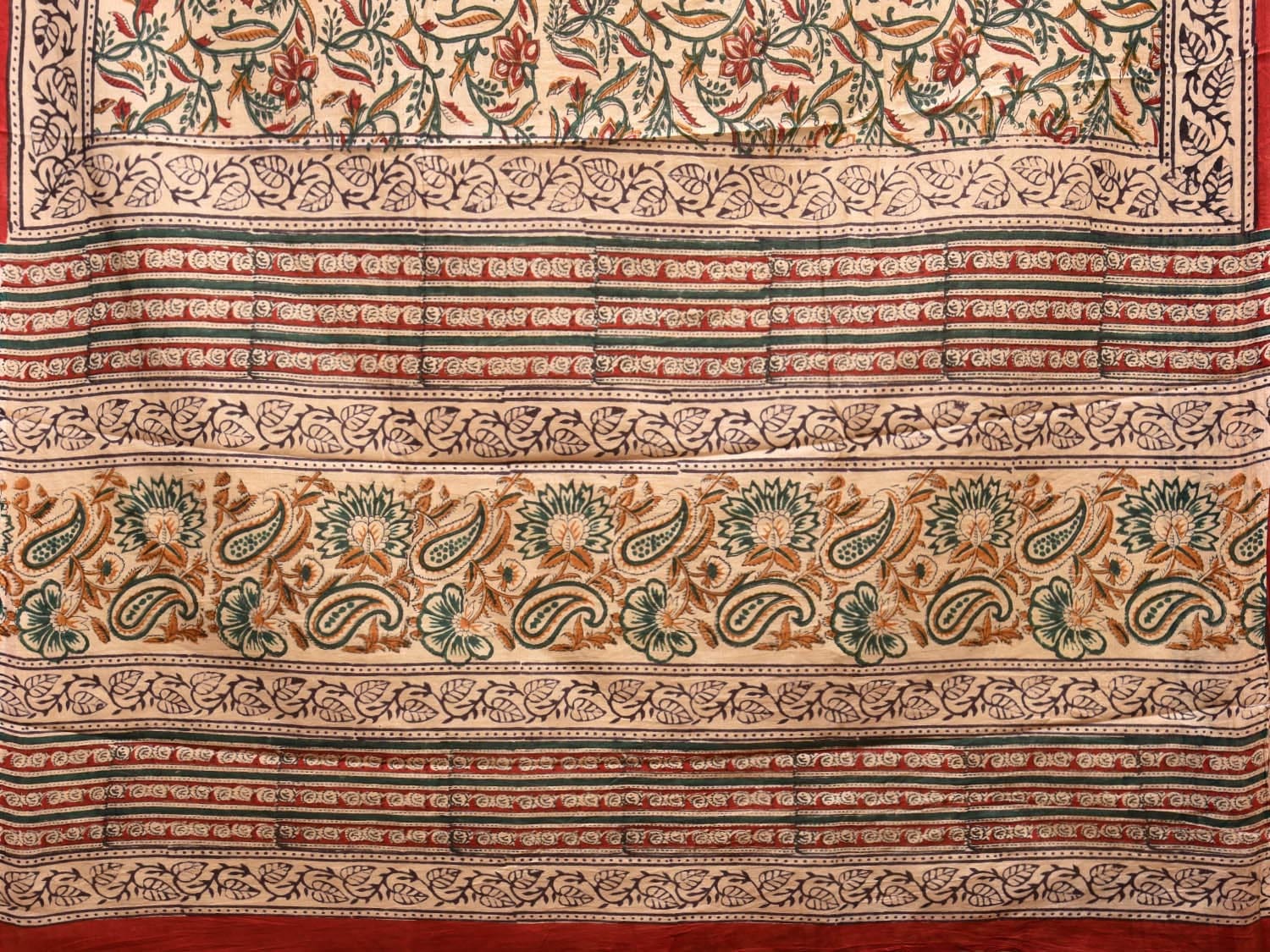 Cream and Red Block Print Cotton Saree with Floral Body and Border Design o0542