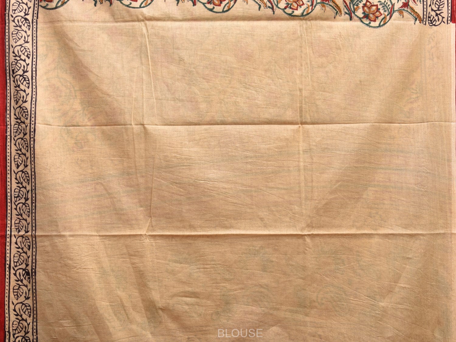 Cream and Red Block Print Cotton Saree with Floral Body and Border Design o0542