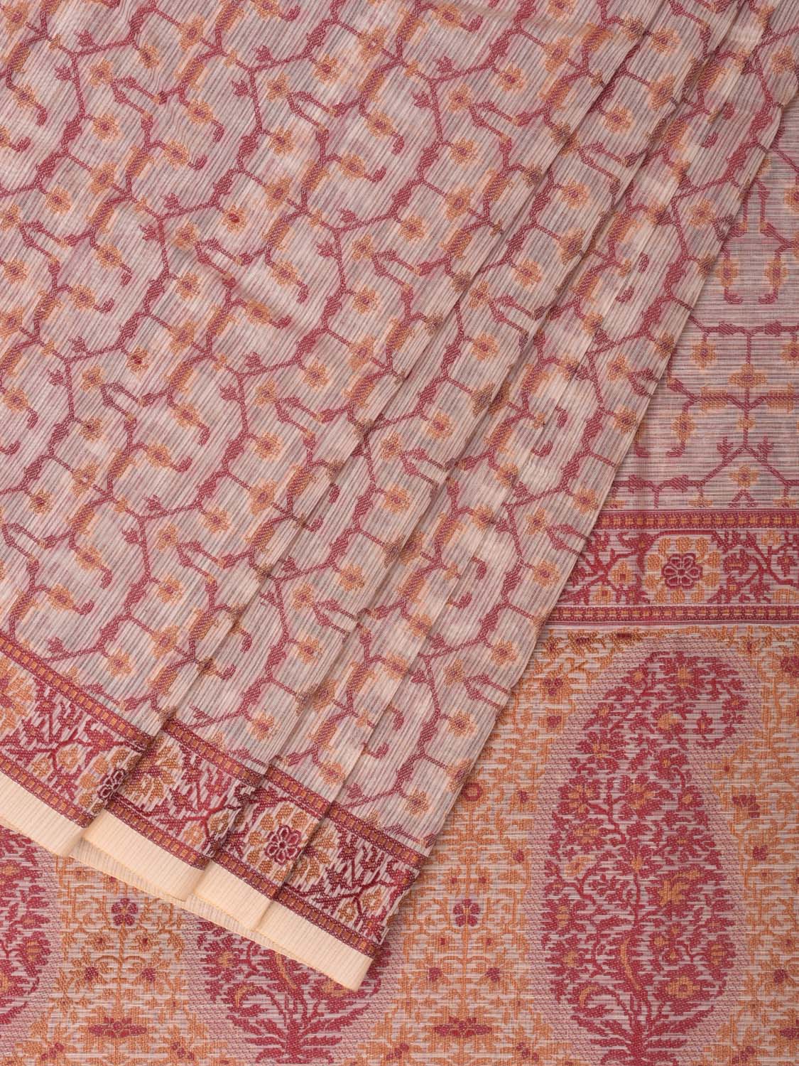 Cream and Red Cut Work Sico Cotton Saree with All Over and Border Design o0416