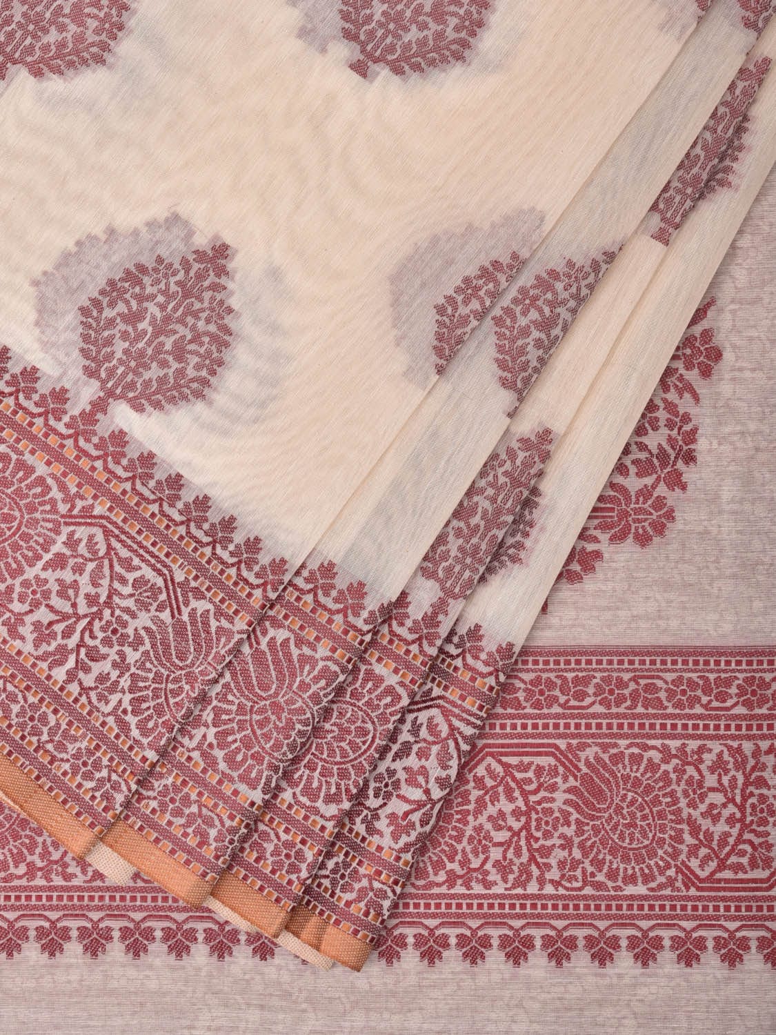 Cream and Red Cut Work Sico Cotton Saree with Body Buta and Border Design o0409