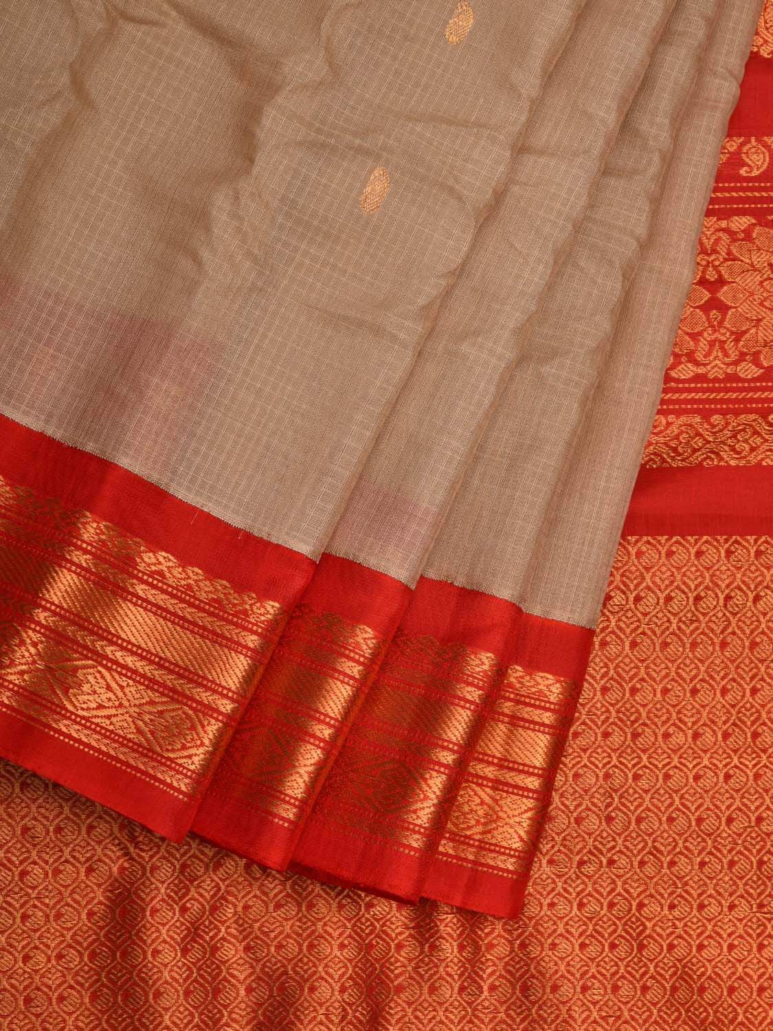 Cream and Red Gadwal Cotton Silk Handloom Saree with Ganga-Jamuna Border Design No Blouse g0276