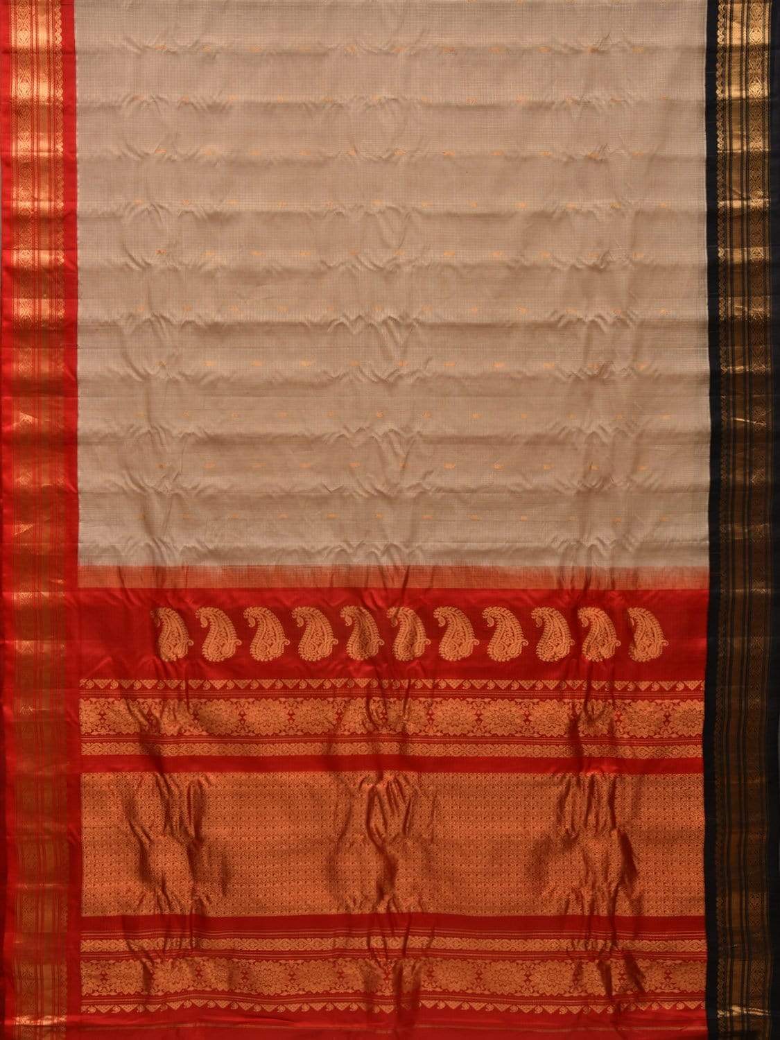 Cream and Red Gadwal Cotton Silk Handloom Saree with Ganga-Jamuna Border Design No Blouse g0276