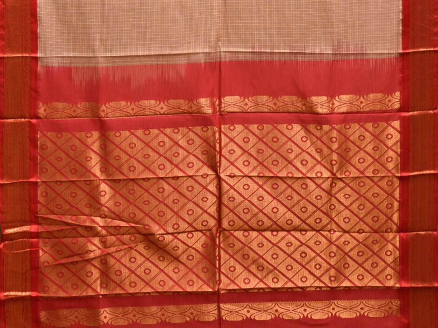 Cream and Red Gadwal Cotton Viscose Saree with Checks and Pallu Design No Blouse g0472