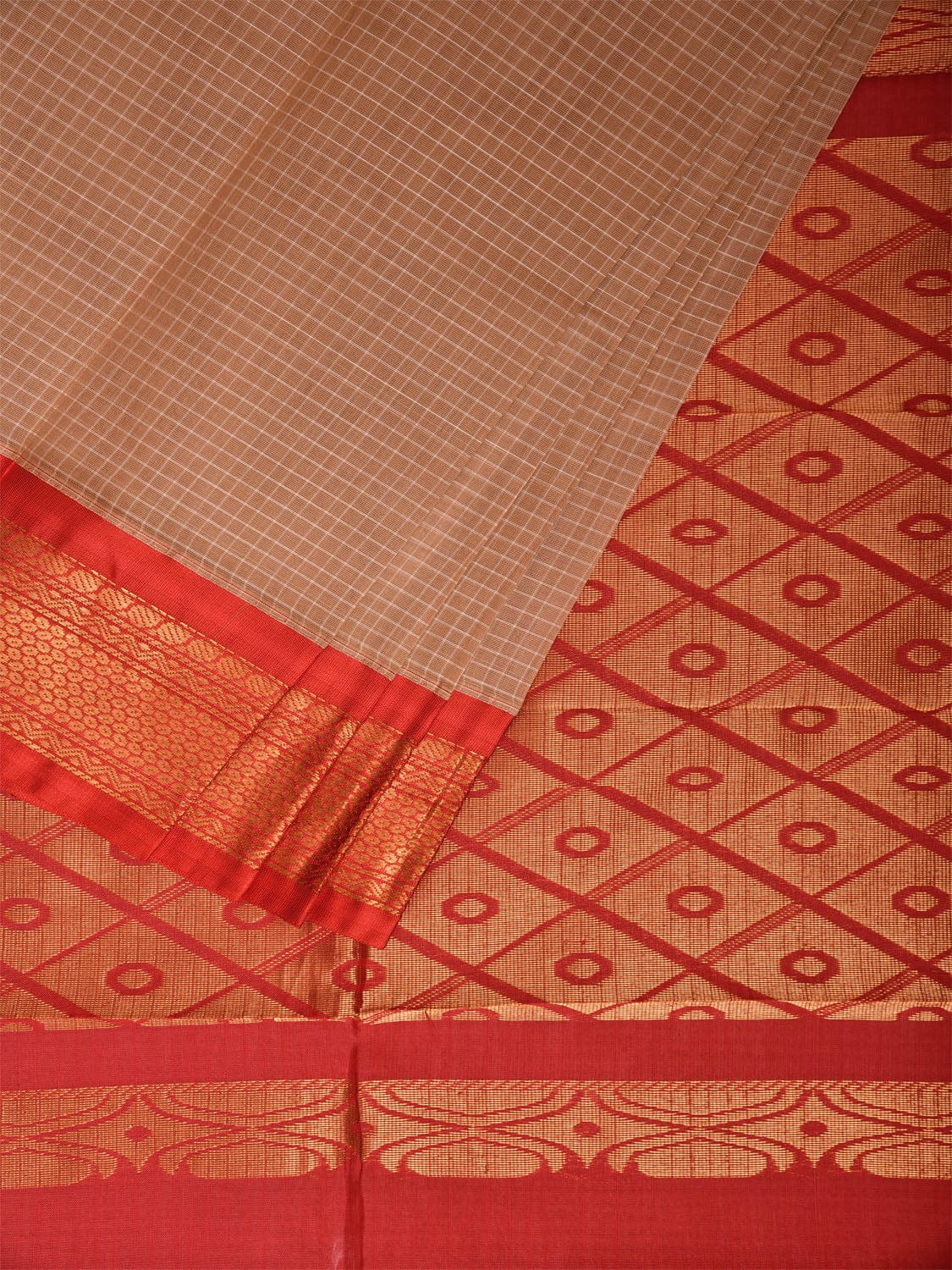 Cream and Red Gadwal Cotton Viscose Saree with Checks and Pallu Design No Blouse g0472