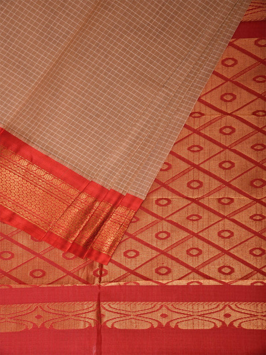 Cream and Red Gadwal Cotton Viscose Saree with Checks and Pallu Design No Blouse g0472