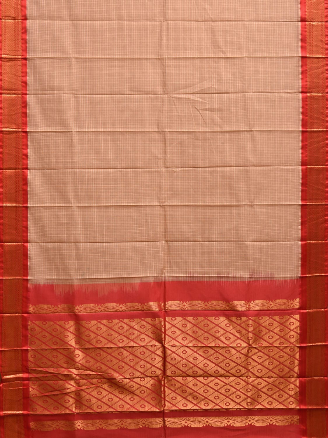 Cream and Red Gadwal Cotton Viscose Saree with Checks and Pallu Design No Blouse g0472