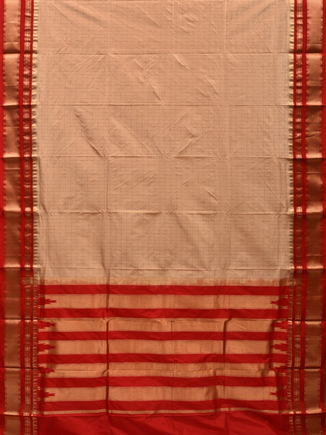 Cream and Red Gadwal Silk Handloom Saree with Checks Design g0287