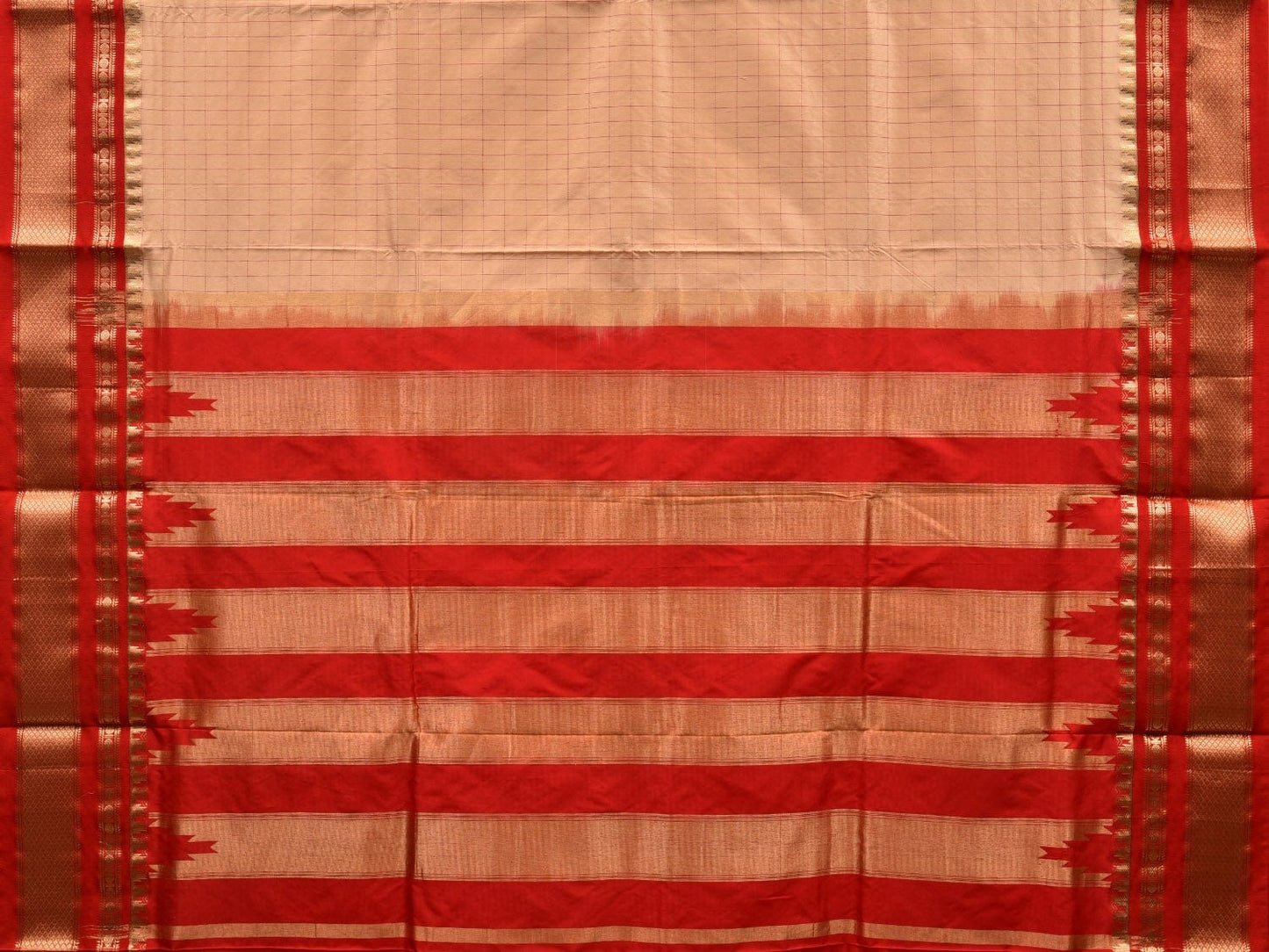 Cream and Red Gadwal Silk Handloom Saree with Checks Design g0287